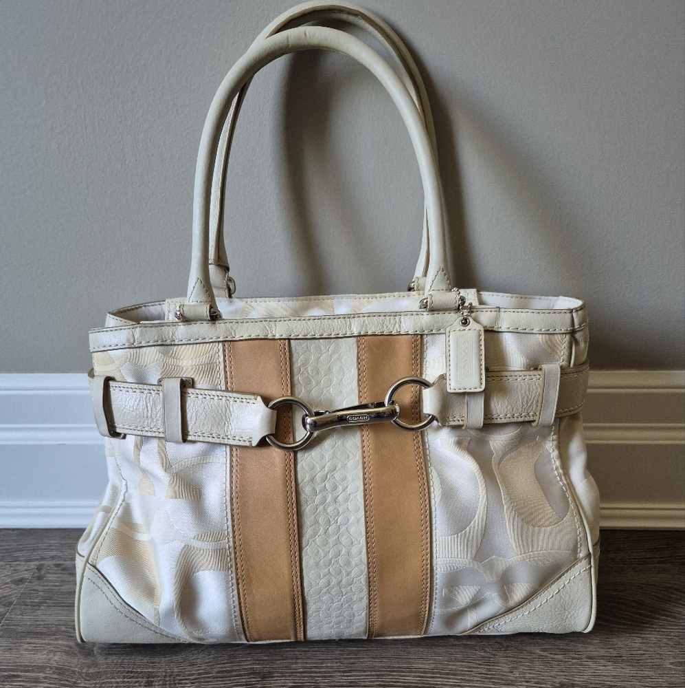 Coach Hampton Tote Bag Optic Signature Cream Tan Canvas + Leather